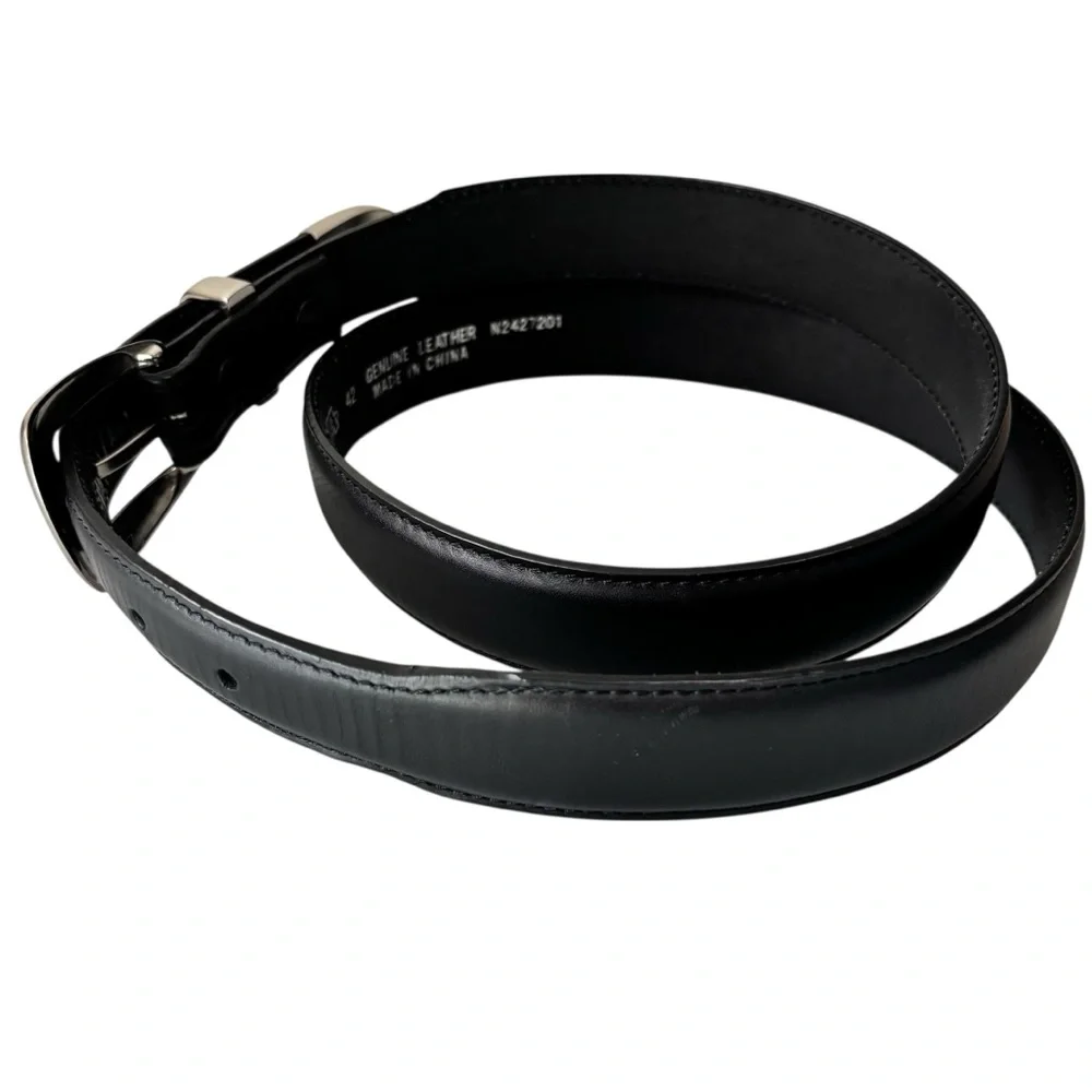 NOCONA BELT CO - SIZE 42 - SILVER‎ TONE-  MEN’s BLACK LEATHER BELT - EXC COND S7
